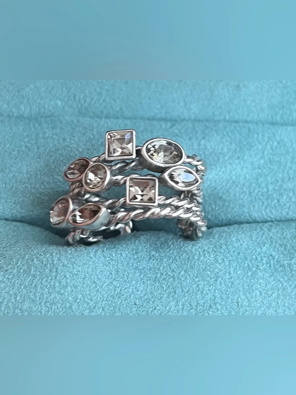 Silver-Tone Adjustable Wrap Cocktail Ring Multi-Row Twisted Rope Clear Crystals